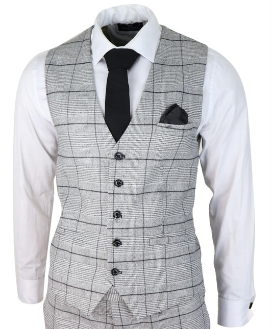 Mens 3 Piece Tweed Suit Grey Check Peaky Blinders 1920 Gatsby Wedding Suit