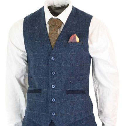 Mens 3 Piece Navy Blue Tweed Herringbone Vintage Classic Suit