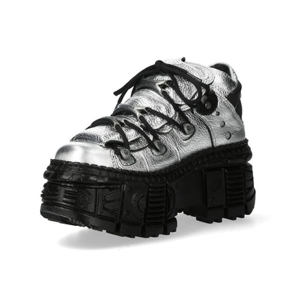 New Rock M-106Wall-C29 Metallic Silver Black Leather Gothic Ankle Boots