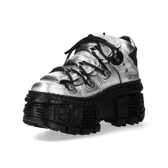 New Rock M-106Wall-C29 Metallic Silver Black Leather Gothic Ankle Boots