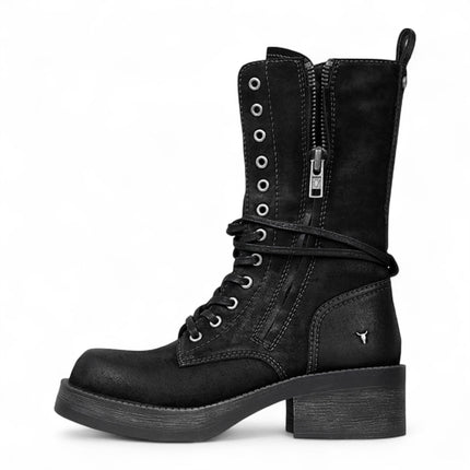 Windsorsmith Womens Black Suede Combat Boots Mid-Calf Lace-Up Biker Shoes - Gather