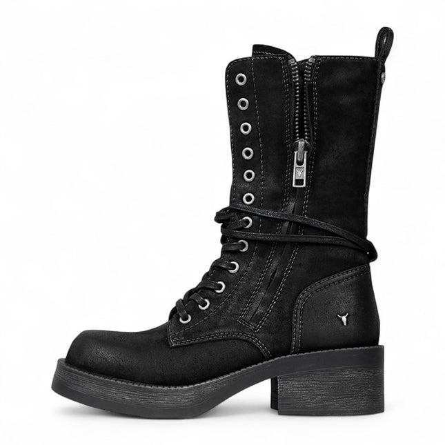 Windsorsmith Womens Black Suede Combat Boots Mid-Calf Lace-Up Biker Shoes - Gather