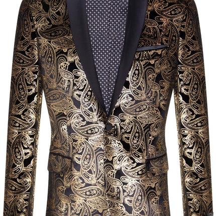 Mens Classic Gold Paisley Black Velvet Tuxedo Dinner Jacket Tailored Fit Blazer