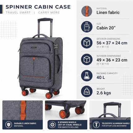 Soft Shell Linen Cabin Suitcase 56x37x24cm 8 Wheel Hand Luggage