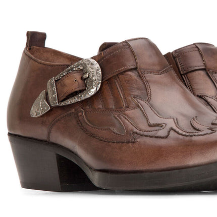 Men's Leather Western Shoes Brown Cuban Cowboy Winklepickers Classic Buckle Shoe