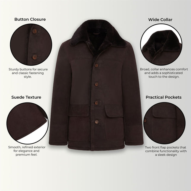 Men's Classic Brown Real Sheepskin Shearling Suede Leather Coat Jacket