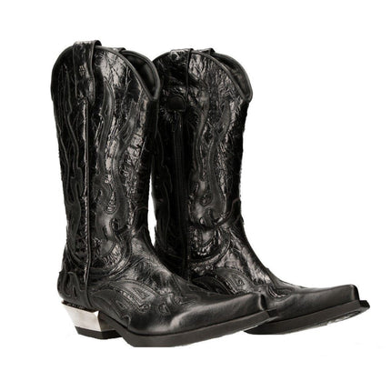 New Rock Flame Accented Black Leather Biker Cowboy Boots- M-7921-S1