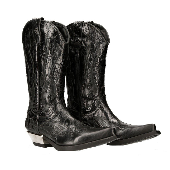 New Rock Flame Accented Black Leather Biker Cowboy Boots- M-7921-S1