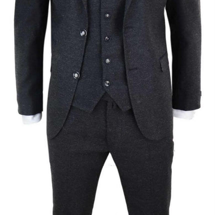Mens 3 Piece Black Wool Tweed Vintage Retro Suit