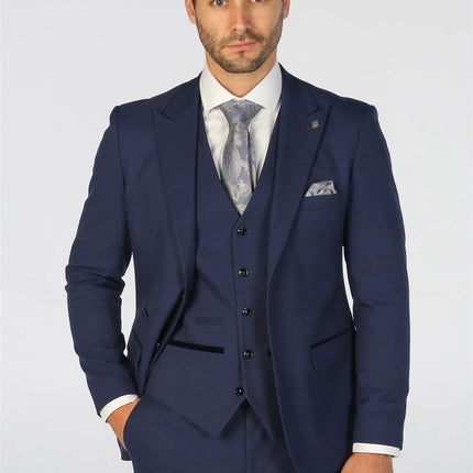 Men's Navy Checked 3 Piece Suit Tailored Fit Suit Formal Wedding
