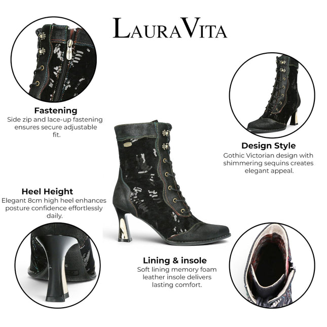 Laura Vita Women's Gothic Victorian Black Leather Heeled Lace-Up Boots - Oanelo-03