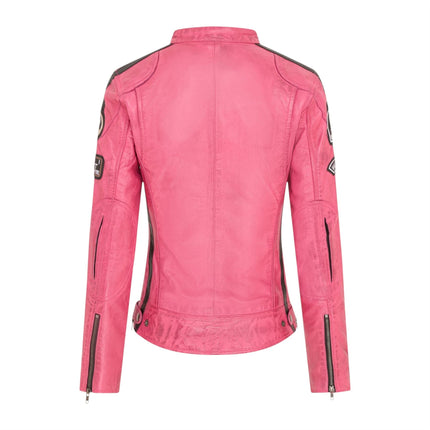 Womens Biker Racing Badges Fuschia Leather Jacket-Eastleigh