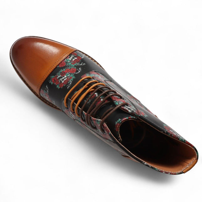 Justin Reess Men's Brown Floral Skull Print Leather Oxford Ankle Boots - Adam Skull