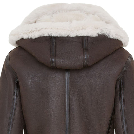 Womens Creck Brown Hooded Sheepskin Flying Leather Jacket-Palermo