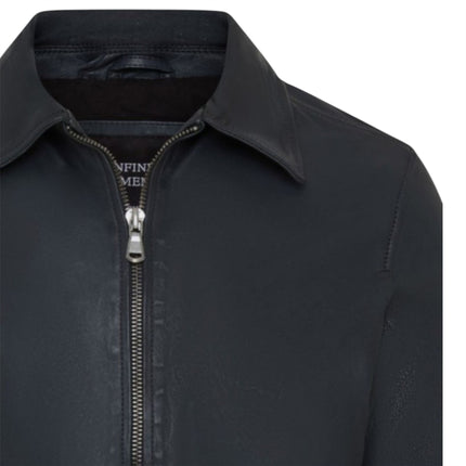 Mens Leather Blue Harrington Collar Biker Jacket - Alpha