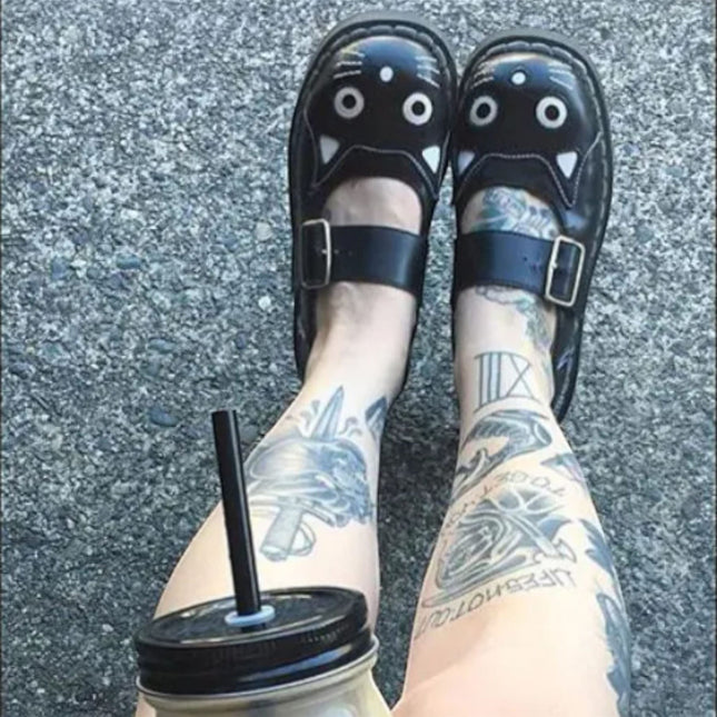TUK Womens Mary Jane Kitty Black Leather Platform Goth Shoes - T2025
