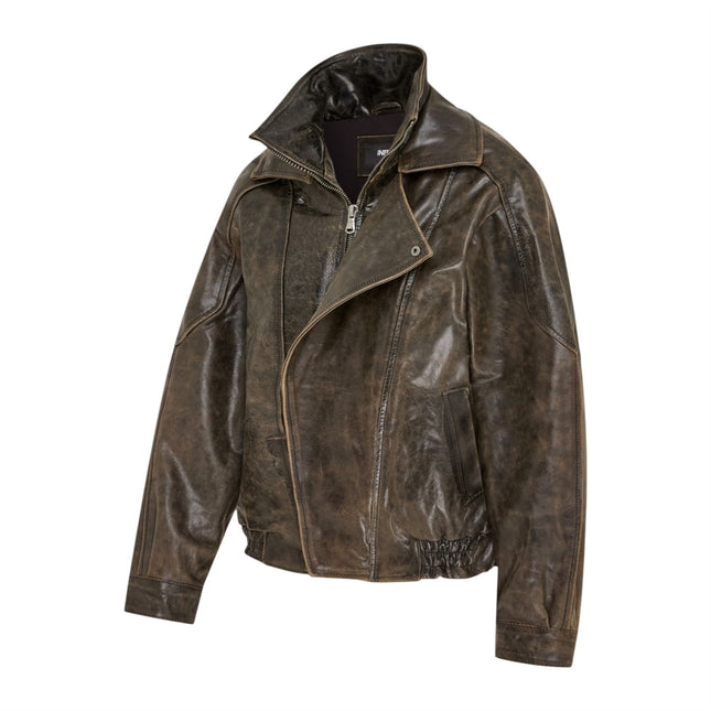 Mens Brown Cow Leather Biker Blouson Jacket - Bomber