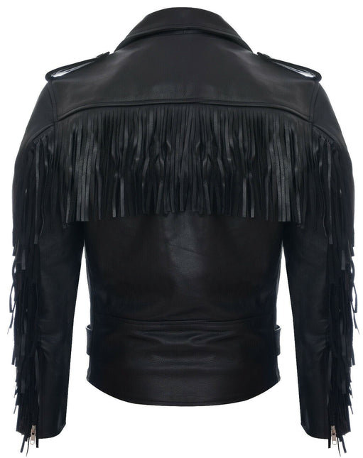 Mens Fringe Hide Leather Biker Jacket- Tokyo
