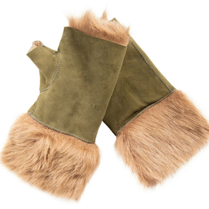 Womens Shearling  Mittens Fingerless Cuffs Toscana Suede Sheepskin Fur