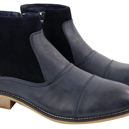 Mens Navy Leather Suede Zip Up Chelsea Boots