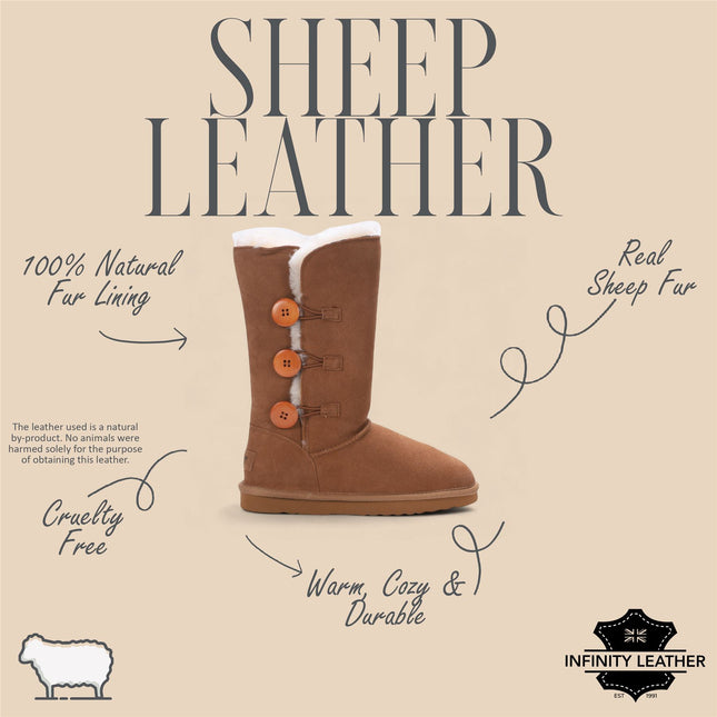 Women's Sheepskin Suede Tan Button Warm Winter Calf Boots - Willow