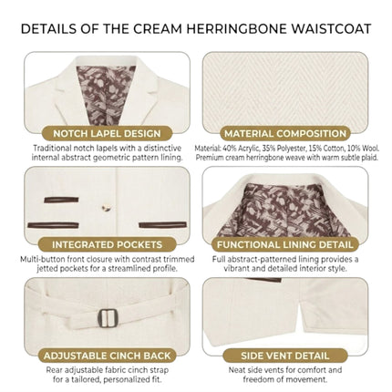 Women's Cream Herringbone Wool Tweed Check Tailored Waistcoat - WS-1