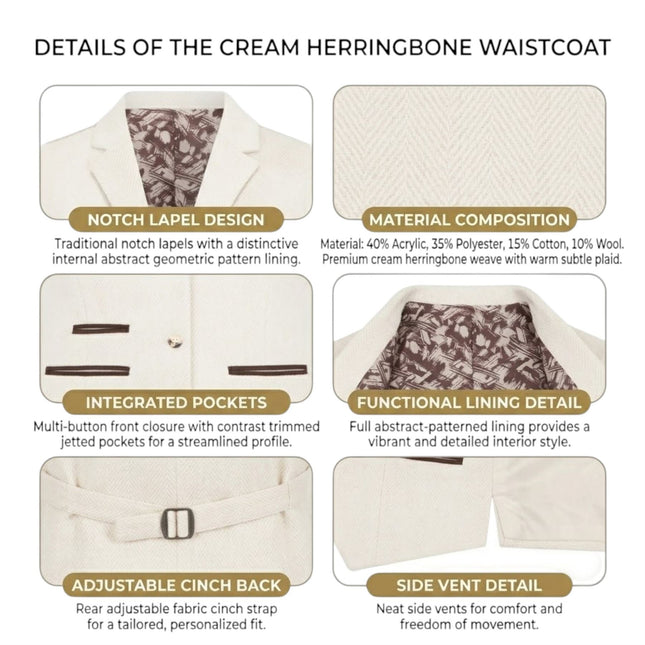 Women's Cream Herringbone Wool Tweed Check Tailored Waistcoat - WS-1