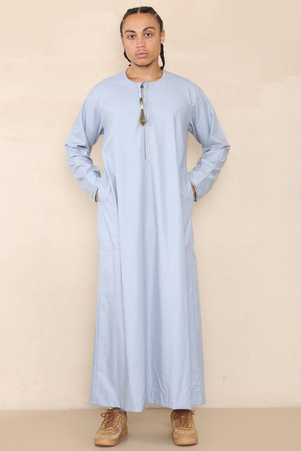 Mens Blue Thobe Jubba Saudi Islamic Arab Eid Emirati Kaftan Jubbah Tassel Robe