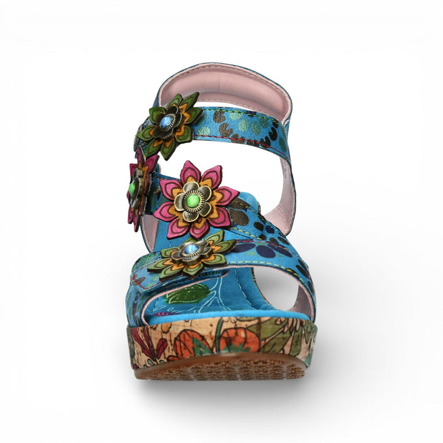Laura Vita Women's Nellao 33 Blue Floral Leather Wedge Heel Espadrille Sandals
