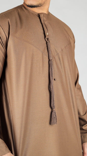 Men's Brown Thobe Emirati Islamic Jubba Robe Eid Tassel Regular Fit