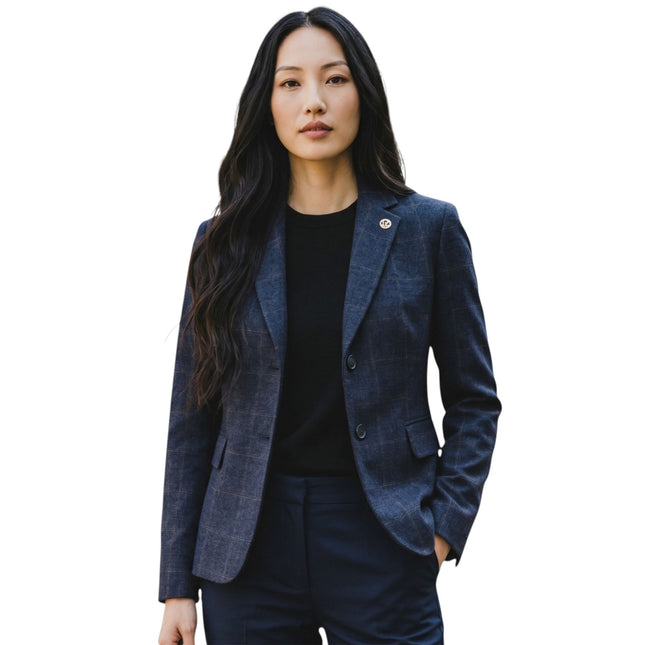 Women's Navy Tailored Check Tweed Blazer Formal Jacket - TPSTZ-7