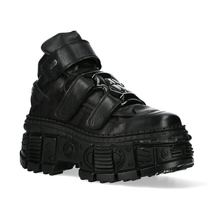 New Rock Metallic Ankle Black Leather Boots-WALL285-S2