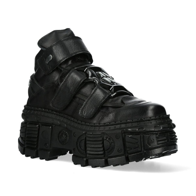 New Rock Metallic Ankle Black Leather Boots-WALL285-S2