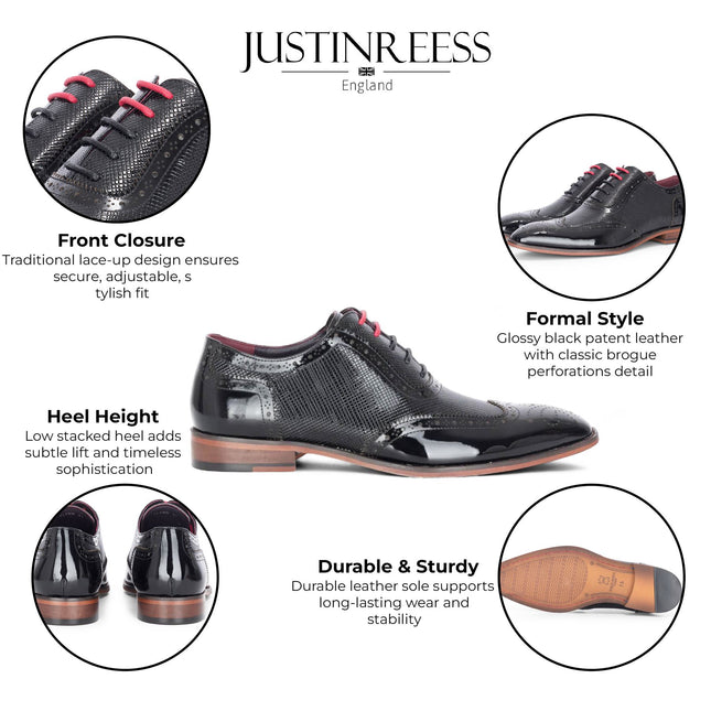 Justin Reess Men's Black Patent Leather Brogue Shoes - Flynn
