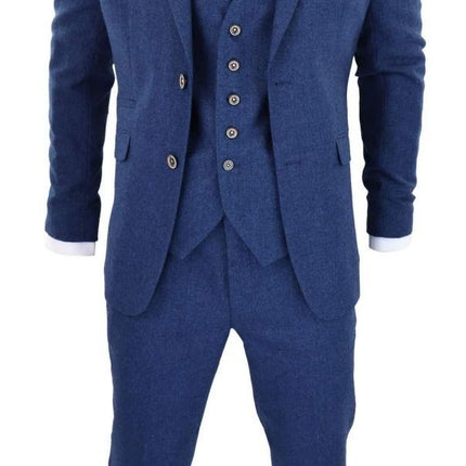 Mens 3 Piece Blue Tweed Wool Twill Vintage Classic Suit