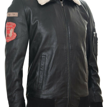 Black Leather Air Force Bomber Jacket with Detachable Collar - Valletta