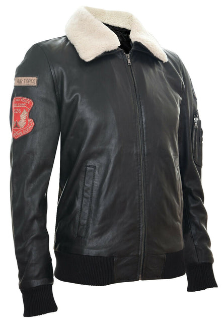 Black Leather Air Force Bomber Jacket with Detachable Collar - Valletta