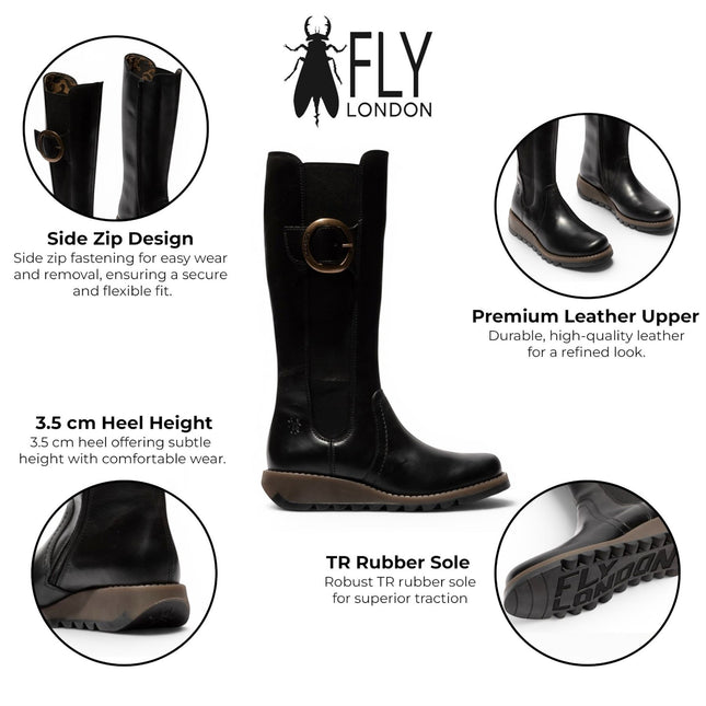 Fly London Womens Black Leather Knee-High Long Boots - SOIF361