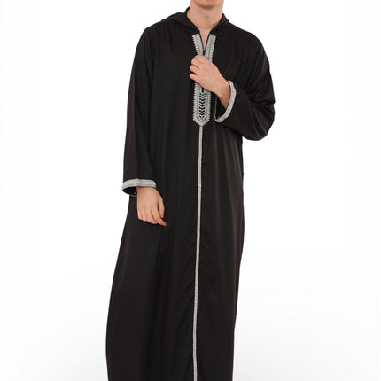 Men's Eid Black Hooded Moroccan Thobe Robe Djellaba Gandoura Ramadan Jubba- HM3
