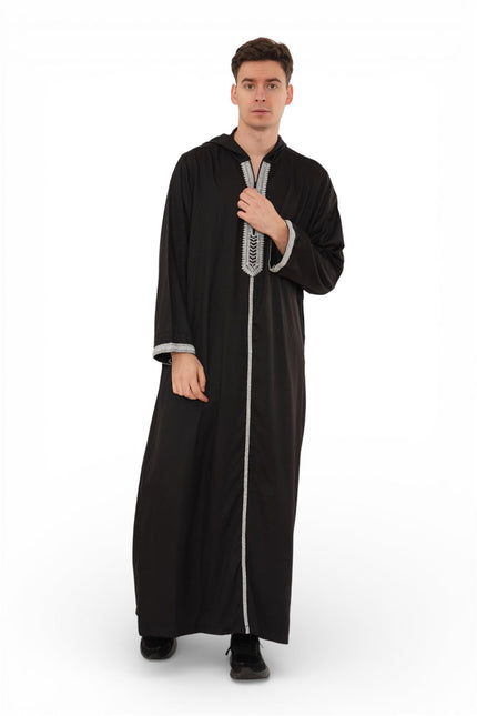 Men's Eid Black Hooded Moroccan Thobe Robe Djellaba Gandoura Ramadan Jubba- HM3