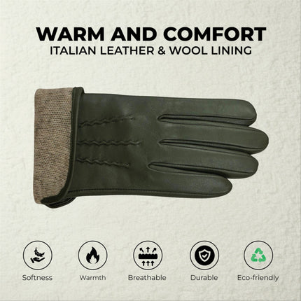Womens Olive Green Italian Leather Winter Stitch Line Design Soft Wool Lining Gloves - L-GLV-301