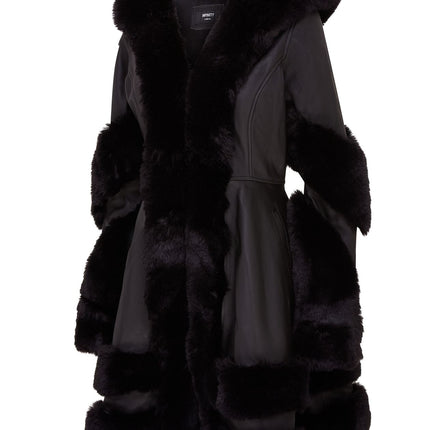 Womens Flared Black Luxury Leather Hooded Cape Coat With Fur