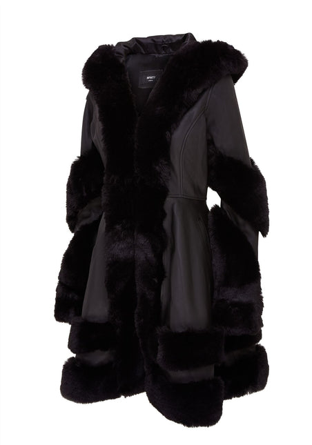 Womens Flared Black Luxury Leather Hooded Cape Coat With Fur
