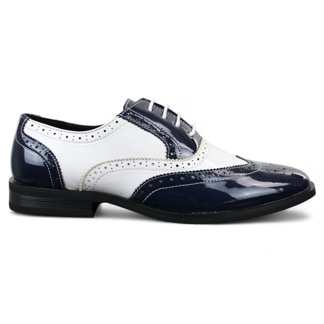 Men's Patent Lace-Up Navy White Brogues Smart Dress Shoes