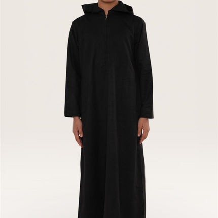 Kids Boys Hooded Eid Black Moroccan Jubba Robe Ramadan Eid Thobe - K-HM12