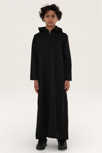Kids Boys Hooded Eid Black Moroccan Jubba Robe Ramadan Eid Thobe - K-HM12