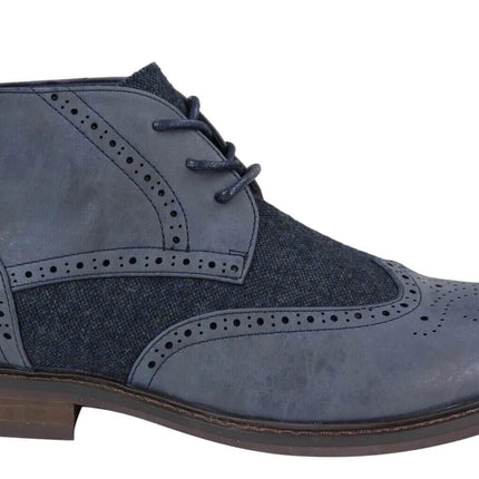 Mens Classic Tweed Oxford Brogue Ankle Boots In Blue Leather