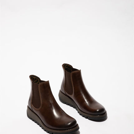 Fly London Womens Brown Salv Chelsea Leather Ankle Casual Wedge Heel Boots