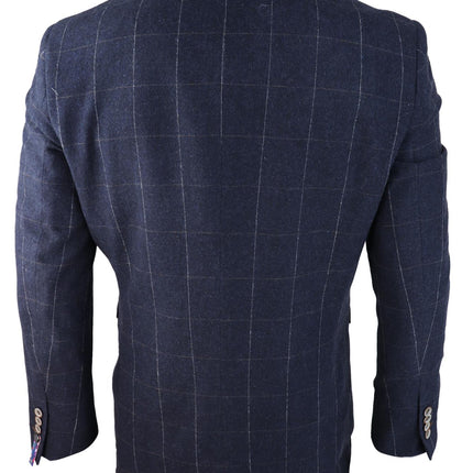 Mens 3 Piece Wool Suit Navy Blue Tweed Check Peaky Blinders 1920 Gatsby Formal