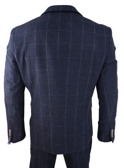 Mens 3 Piece Wool Suit Navy Blue Tweed Check Peaky Blinders 1920 Gatsby Formal